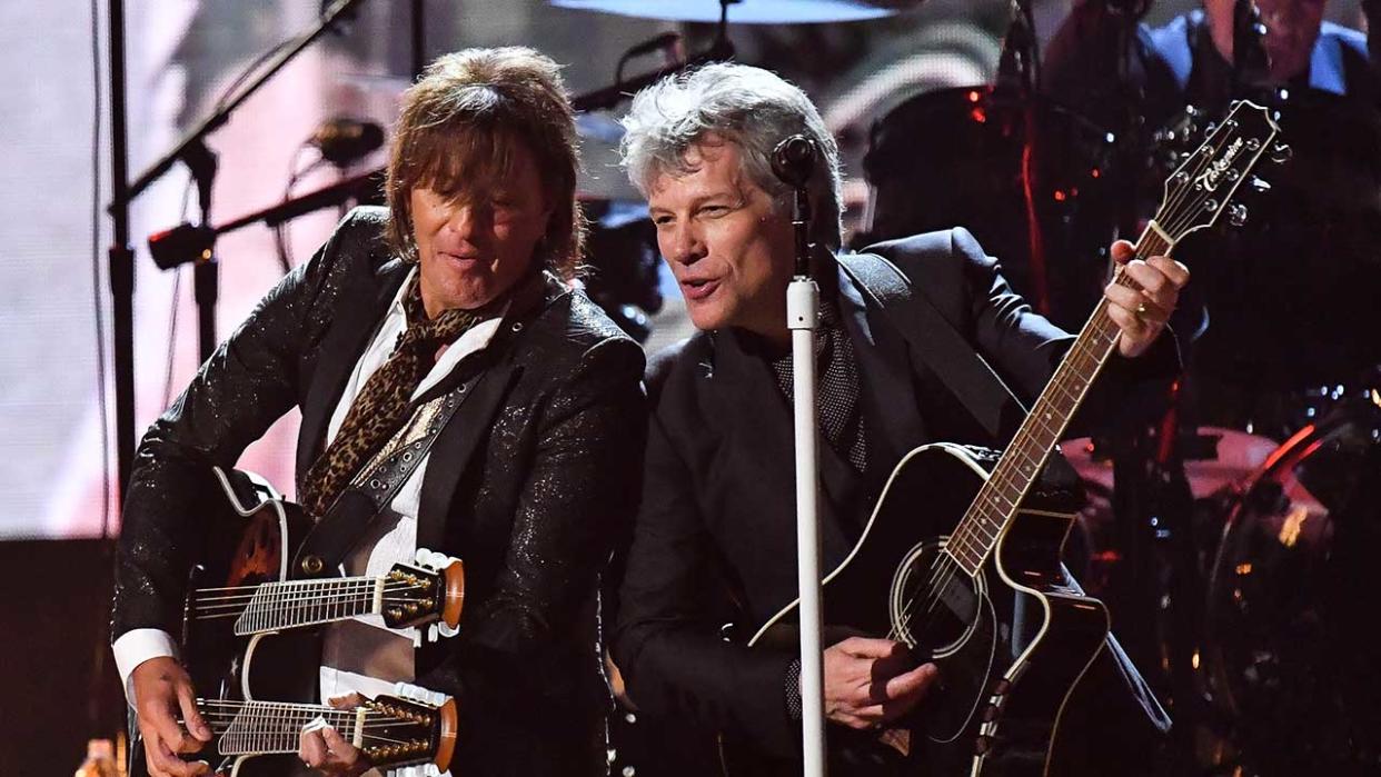  Richie Sambora and Jon Bon Jovi onstage at the Rock & Roll Hall of Fame Induction Ceremony in 2018. 