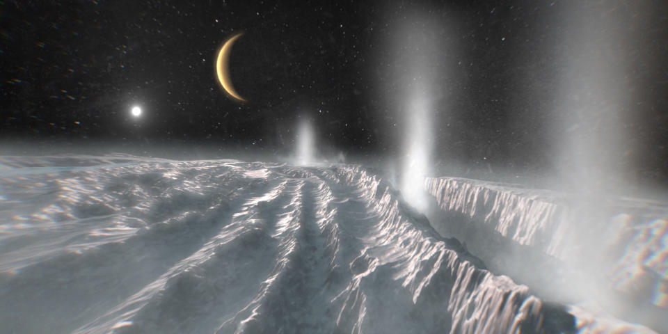 Rows of canyons and peaks stretch vertically across the surface of a barren wasteland.  Clouds of white fog billow from the depths of the canyon on the far right.  In the dark, starry sky, a crescent planet is visible near the upper left of center, with a small, bright star shining in its lower left.