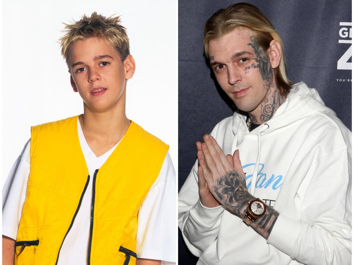 split image of Aaron Carter in 2000 and in February 2022