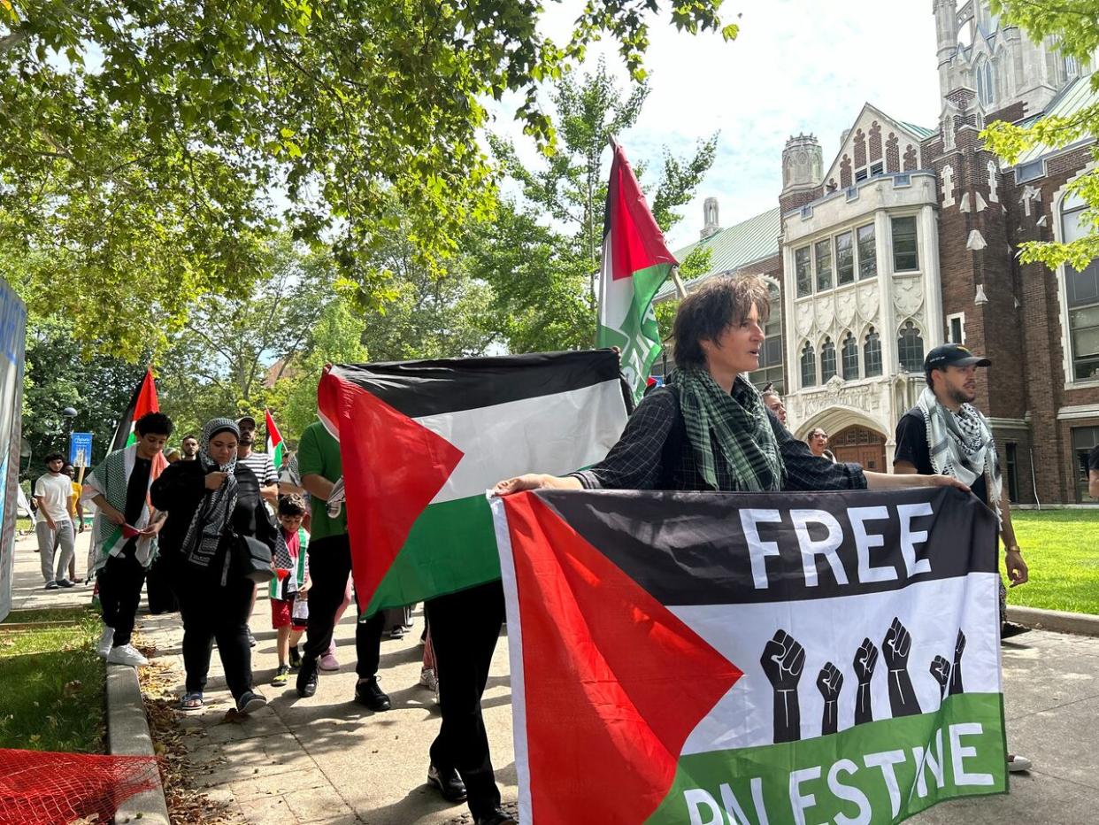 Protesters at the University of Windsor, one of the many encampment sites set up at universities in Canada since April. An agreement between UWindsor and the protesters has been reached to end the encampment. (Kathleen Saylors/CBC - image credit)