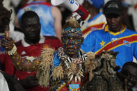 DR Congo fans wait for the start of the African Cup of Nations Round of 16 soccer match between Egypt and DR Congo, at the Laurent Pokou stadium in San Pedro, Ivory Coast, Sunday, Jan. 28, 2024. 2024. (AP Photo/Sunday Alamba)