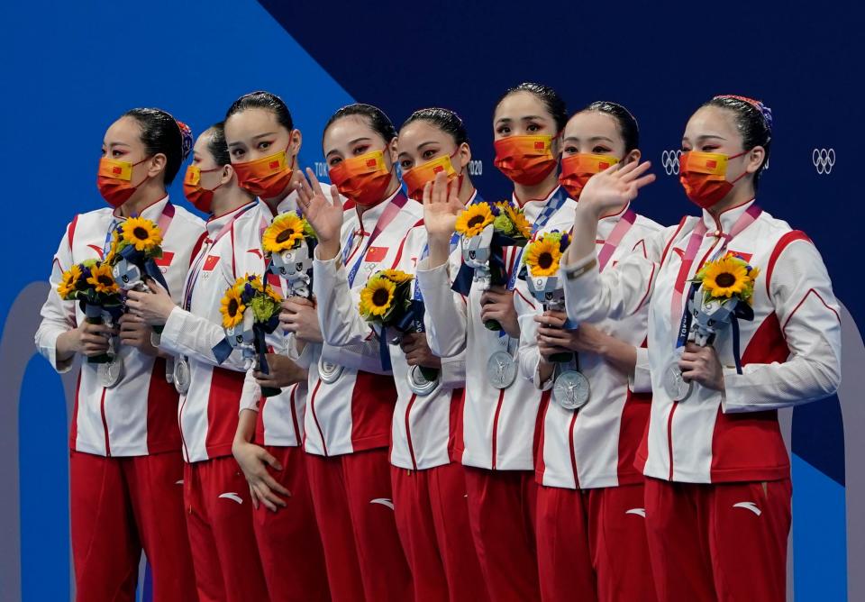 August 7, 2021: China wins the silver medal in the women&#39;s artistic swimming team free routine during the Tokyo 2020 Olympic Summer Games at Tokyo Aquatics Centre.