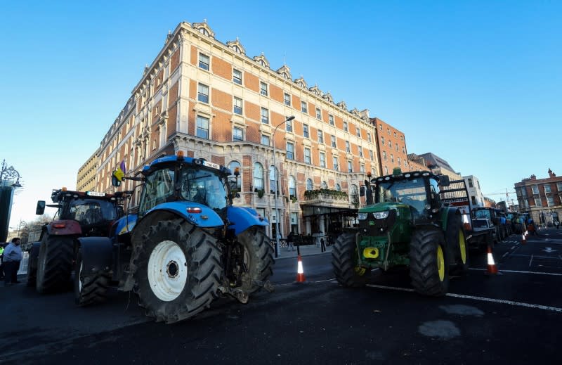Farmers protest on St. Stephens Green, near Government Buildings in Dublin
