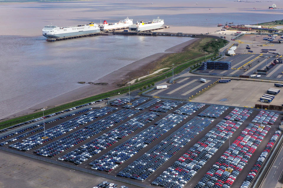 GRIMSBY, ENGLAND - MAY 05:  Imported vehicles sit at the docks near Immingham on May 05, 2020 in Grimsby, England. During the coronavirus (Covid-19) lockdown new car sales have dropped 97%, reportedly the lowest since the end of World War II (Photo by Christopher Furlong/Getty Images)