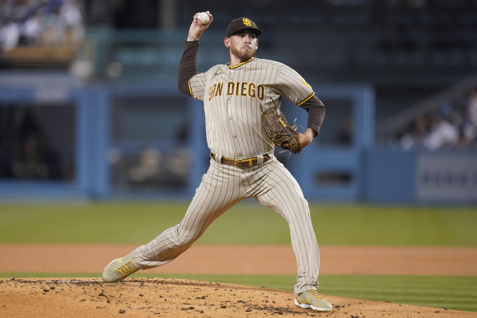 San Diego Padres starting pitcher Joe Musgrove (44) throws during the first inning of a baseball game against the Los Angeles Dodgers Friday, Sept. 10, 2021, in Los Angeles. (AP Photo/Ashley Landis)