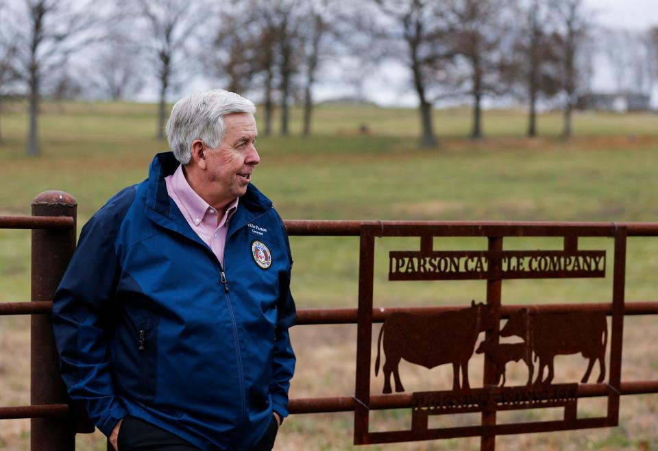 Missouri Governor Mike Parson reflects on his time in office and what he plans to do after he leaves office during an interview at his farm near Bolivar on Thursday, Nov. 16, 2023.