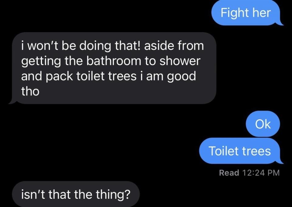 person saying toilet trees instead of toiletrees