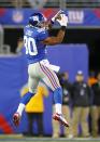 EAST RUTHERFORD, NJ - NOVEMBER 04: Wide receiver Victor Cruz #80 makes a catch during the first half against the Pittsburgh Steelers during an NFL game at MetLife Stadium on November 4, 2012 in East Rutherford, New Jersey. (Photo by Rich Schultz /Getty Images)