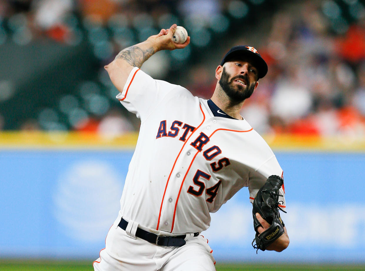 HOUSTON, TX - AUGUST 23:  Mike Fiers #54 of the Houston Astros pitches in the first inning against the Washington Nationals at Minute Maid Park on August 23, 2017 in Houston, Texas.  (Photo by Bob Levey/Getty Images)