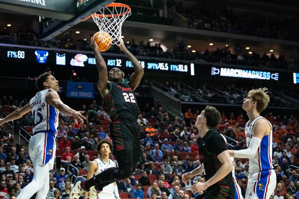 Howard's Shy Odom shoots the ball during the NCAA men's basketball tournament first round match-up between Kansas and Howard, on Thursday, March 16, 2023, at Wells Fargo Arena, in Des Moines, Iowa. 