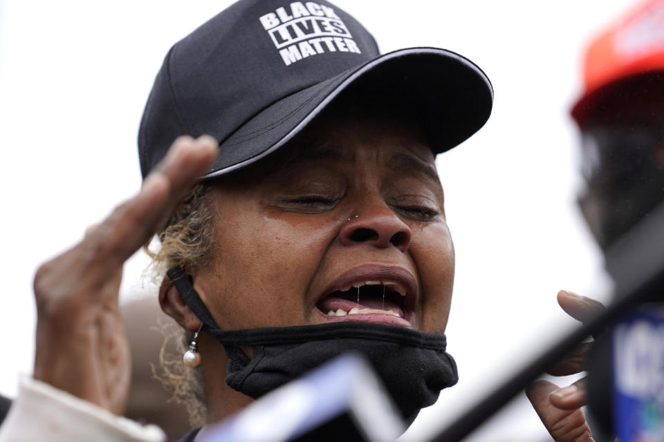 Marcellis Stinnette's grand mother Sherrellis Stinnette speaks during protest rally for Marcellis Stinnette who killed by Waukegan Police Tuesday in Waukegan, Ill., Thursday, Oct. 22, 2020. Stinnette, 19, was killed and his girlfriend and the mother of his child, Tafara Williams, was wounded when a police officer in Waukegan opened fire Tuesday night after police said Williams' vehicle started rolling toward the officer following a traffic stop. (AP Photo/Nam Y. Huh)