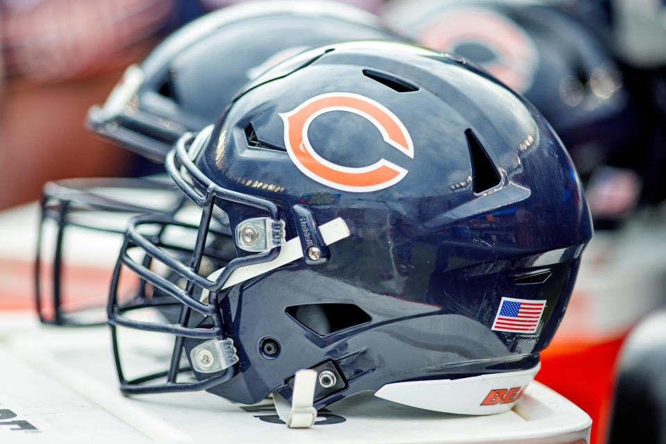 CHICAGO, IL - AUGUST 21: A detail view of a Chicago Bears helmet is seen resting on a cooler during a preseason game between the Chicago Bears and the Buffalo Bills on August 21, 2021 at Soldier Field in Chicago, IL. (Photo by Robin Alam/Icon Sportswire via Getty Images)