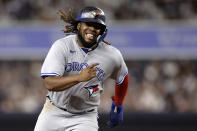 Toronto Blue Jays' Vladimir Guerrero Jr. runs to third base during the fifth inning of the team's baseball game against the New York Yankees on Thursday, Aug. 18, 2022, in New York. (AP Photo/Adam Hunger)