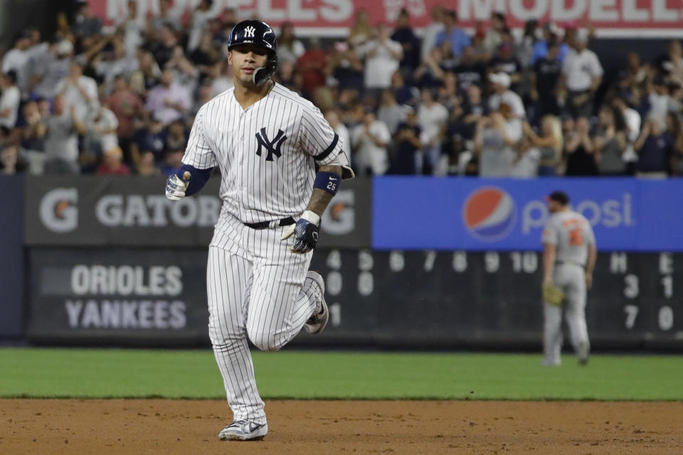 New York Yankees' Gleyber Torres runs the bases after hitting a three-run home run during the fifth inning of the second game of a baseball doubleheaderagainst the Baltimore Orioles, Monday, Aug. 12, 2019, in New York. (AP Photo/Frank Franklin II)