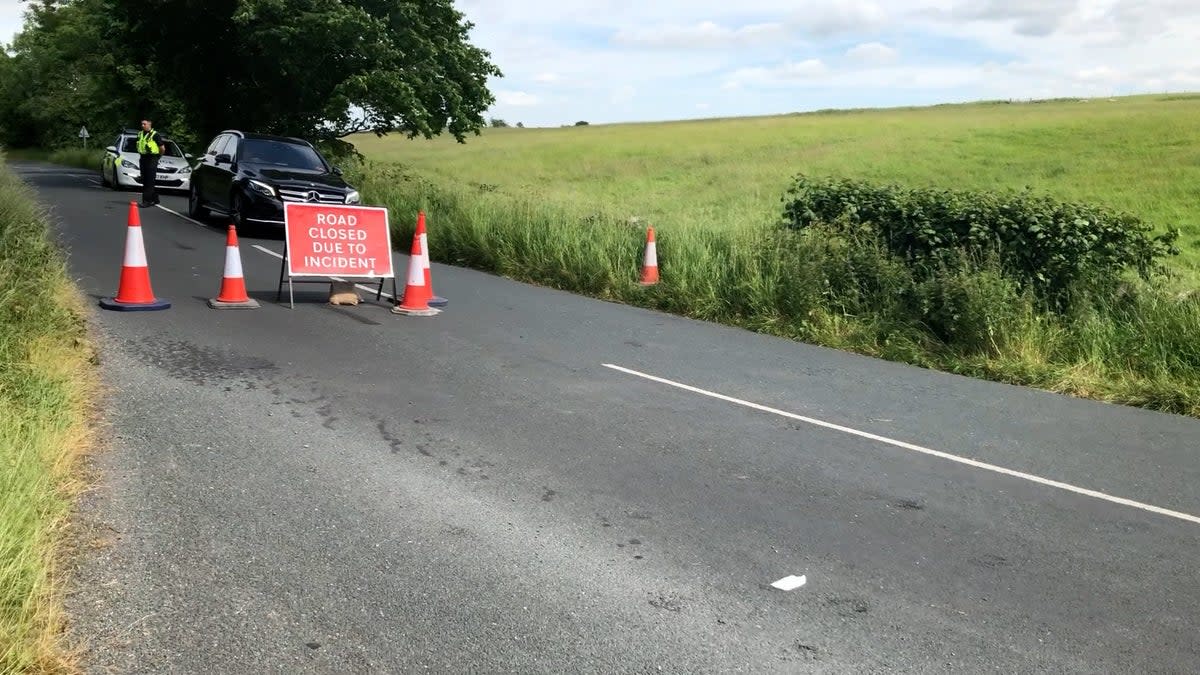 A road closed by police near the scene of a helicopter crash in a field near Burton in Lonsdale, North Yorkshire (Kim Pilling/PA) (PA Wire)