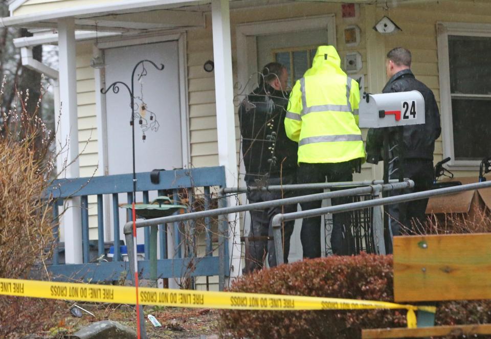 Kittery police and fire personnel respond to Foxwell Apartments on Manson Avenue for a fire during heavy rain Thursday, March 28, 2024.