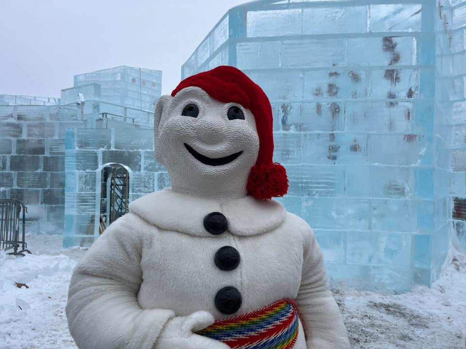 Bonhomme Carnaval pictured in front of his ice palace ahead of the 70th anniversary of the carnival.  (Rachel Watts/CBC - image credit)