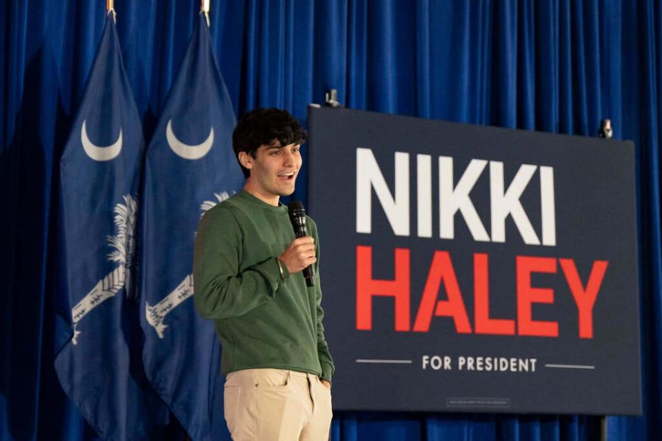 US Republican presidential hopeful and former UN ambassador Nikki Haley's son Nalin Haley speaks at a campaign event at Summerville Country Club on February 13, 2024 in Summerville, South Carolina. (Photo by Allison Joyce / AFP) (Photo by ALLISON JOYCE/AFP via Getty Images) ORG XMIT: 776105297 ORIG FILE ID: 2001185088