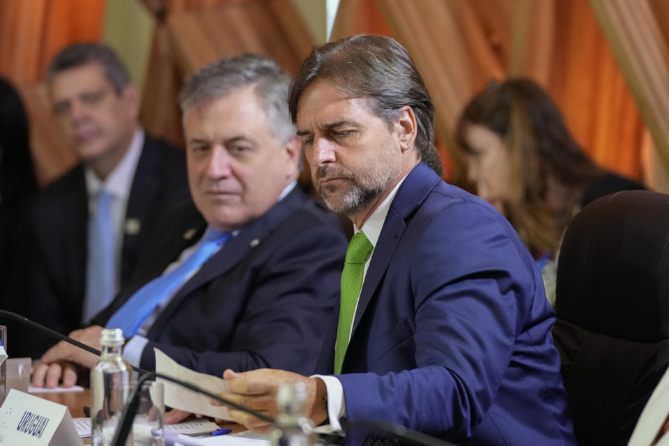 Uruguay's President Luis Lacalle Pou attends the 63rd Mercosur Summit, in Rio de Janeiro, Brazil, Thursday, Dec. 7, 2023. (AP Photo/Silvia Izquierdo)