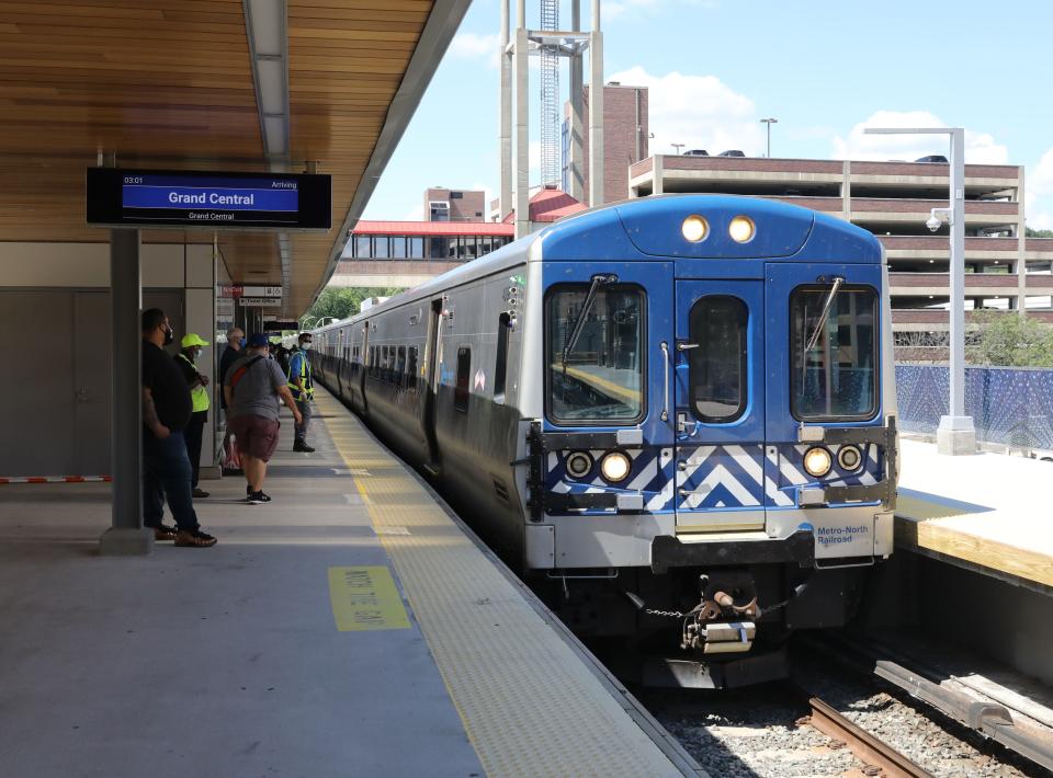 A southbound train pulls into the Metro-North train station in White Plains, June 15, 2021. 