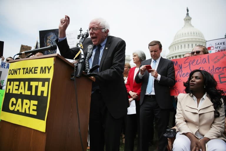 US Senator Bernie Sanders speaks during a Stop 'Trumpcare' rally in front of the Capitol in Washington, DC