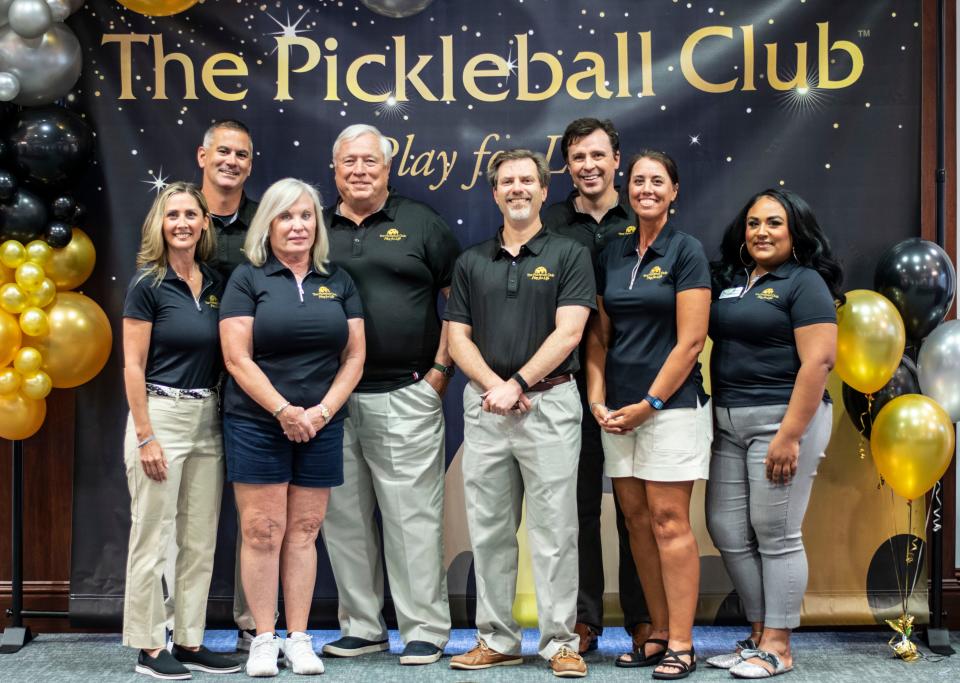 Members of senior leadership and executive teams at the Pickleball Club, in Sarasota: Nova Grande, left, Dominic Catalano, Valerie McCarthy, Brian McCarthy, Matt Gordon, Ryan Praefke, Erica Love and Victoria Rodriguez.