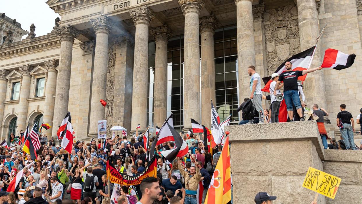 Demosntranten haben am 29. August 2020 die Stufen zum Reichstagsgebäude erklommen.