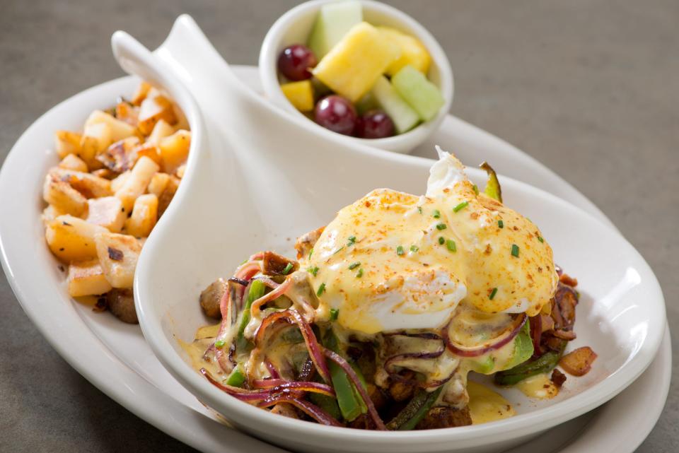 At Turning Point, the Big Easy Benedict is made with cornbread, avocado, onions, peppers, chicken chorizo, poached eggs and Cajun hollandaise.
