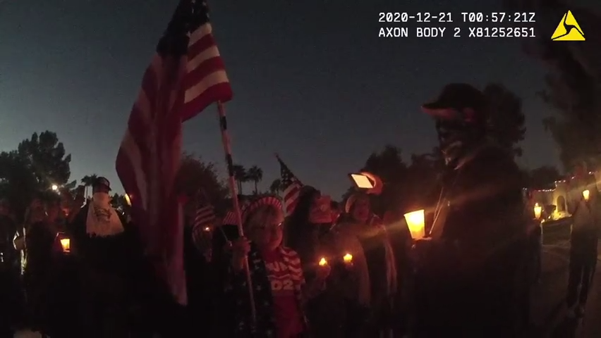 An officer's body camera video captures protesters at Clint Hickman's house on Dec. 21, 2020.