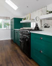 <p> We are seeing this deep teal around a lot, it seems to have overtaken sage as <em>the</em> green. It&apos;s definitely more glamorous and less country kitchen than muted greens so better suited to more styles we think.&#xA0; </p> <p> Paint your cabinets with this jewel hue and keep walls crisp and white, then pair with darker woods, whether that be with the floor or some shelves. Gold or silver hardware would work with this look but we do particularly love the look of the &apos;antique&apos; mirrored splashback and the pewter handles.&#xA0; </p>
