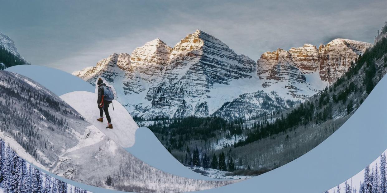 collage landscape of mountains, person near top climbing