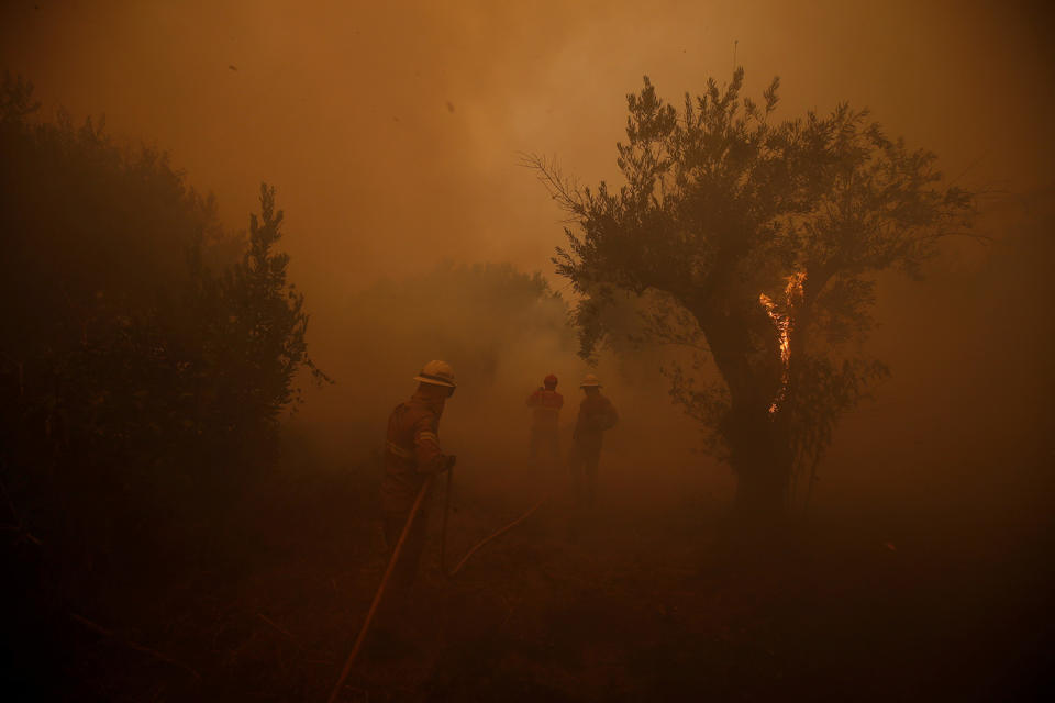 <p>Firefighters work to put out a forest fire in the village of Carvoeiro, near Castelo Branco, Portugal, July 25, 2017. (Rafael Marchante/Reuters) </p>