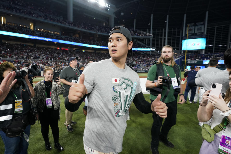 Japan player Shohei Ohtani (16) after defeating the United States in the World Baseball Classic championship, Tuesday, March 21, 2023, in Miami. (AP Photo/Wilfredo Lee)