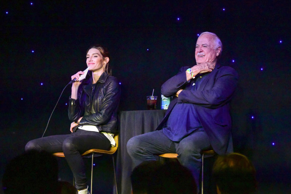 Camilla Cleese and John Cleese speak onstage at 'Comedy with the Cleeses' during the 2022 SXSW Conference and Festivals at Creek and the Cave on March 12, 2022 in Austin, Texas. (Photo by Amanda Stronza/Getty Images for SXSW)