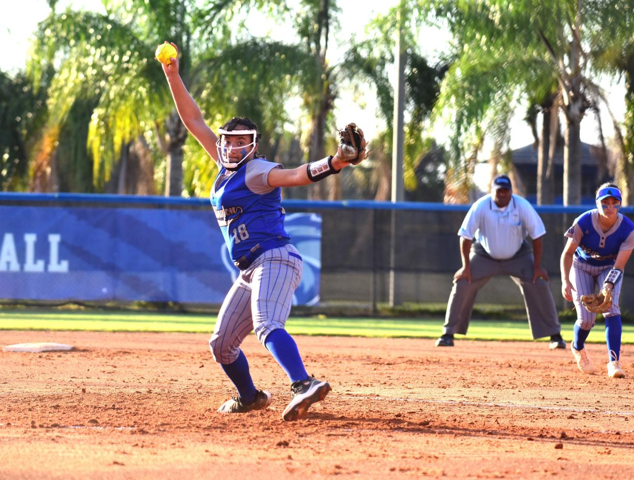 Wellington pitcher Tori Payne fires a fastball from the mound during the second inning of the Wolverines' matchup against Doral Academy on April 26, 2024.