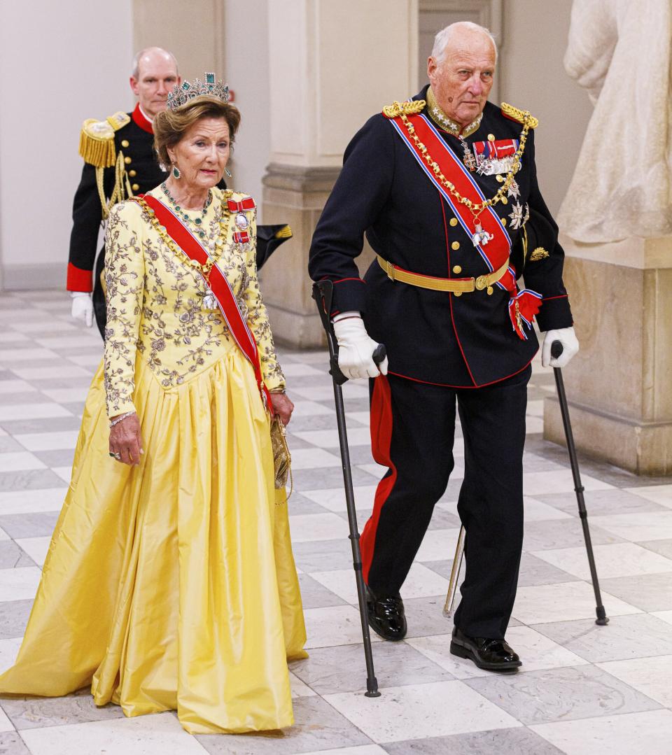 King Harald of Norway and Queen Sonja of Norway at Christiansborg palace for the gala diner during the 50 years anniversary of Her Queen Margrethe II of Denmark accession to the throne at September 10, 2022 in Copenhagen, Denmark