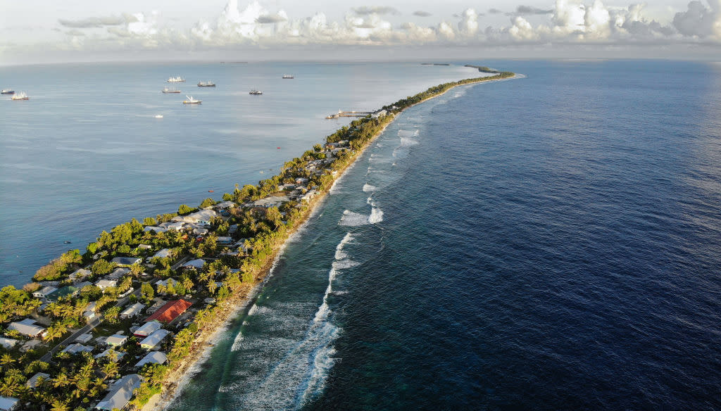 An aerial view of a strip of land in Funafuti, Tuvalu’s capital city.