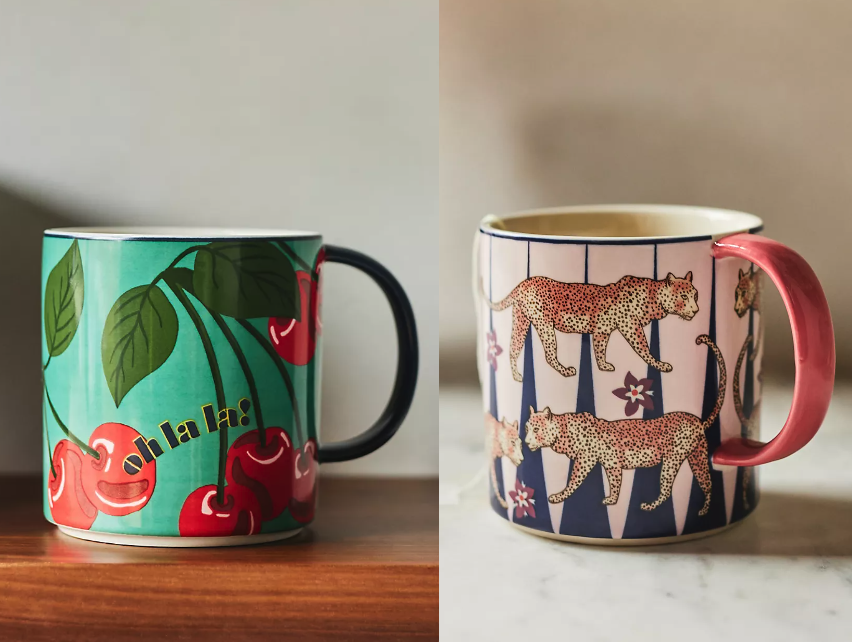 cherry patterned and cheetah patterned mugs