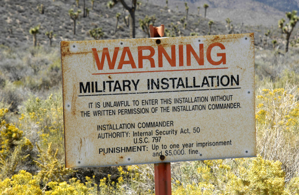 The photo shows a sign warning of a military installation at Area 51 near Las Vegas in the US.