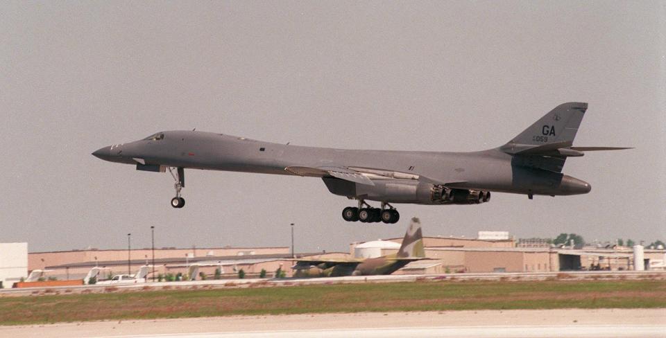 One of the B-1B Lancers from the 116th Bomb Wing of the Georgia Air National Guard, Robins AFB comes in for landing at the Savannah International Airport.  The bombers are in Savannah at the National Guard Combat Readiness Training Center for various exercises.