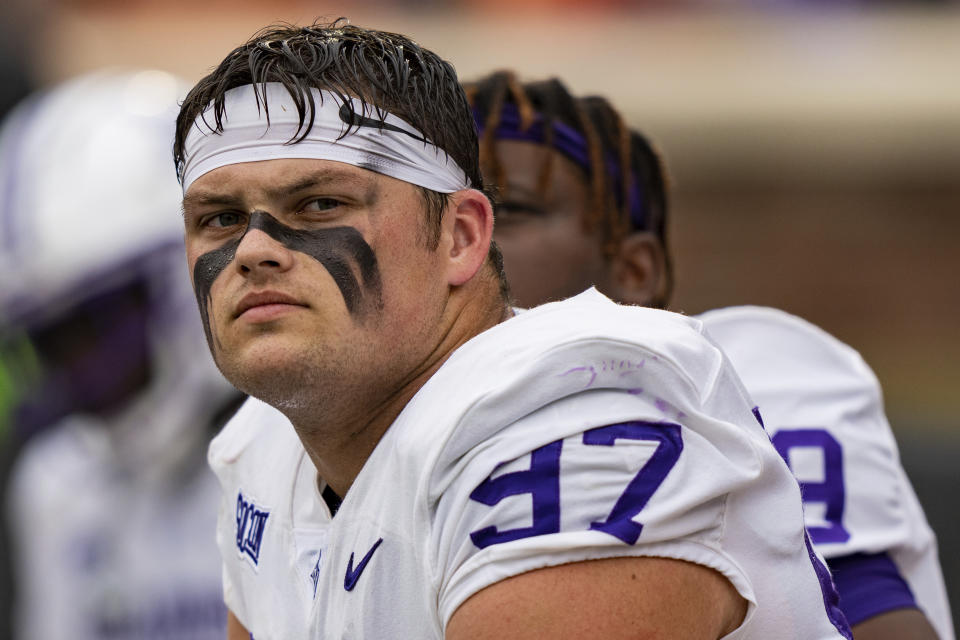 FILE - Furman defensive tackle Bryce Stanfield (97) looks on during an NCAA college football game against the Clemson in Clemson, S.C., Saturday, Sept. 10, 2022. Stanfield died, Friday, Feb. 9, 2024, two days after collapsing during a workout at the school’s football stadium. He was 21. (AP Photo/Jacob Kupferman, File)