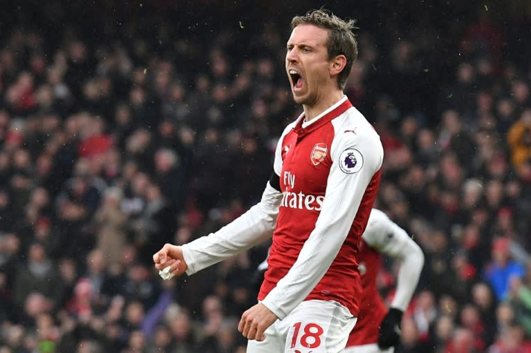 Arsenal's defender Nacho Monreal celebrates after scoring during the English Premier League football match against Crystal Palace January 20, 2018
