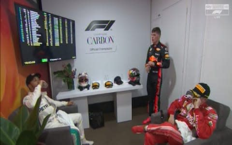 Max Verstappen, Lewis Hamilton and Kimi Raikkonen in the cool-down room - Credit: sky sports f1