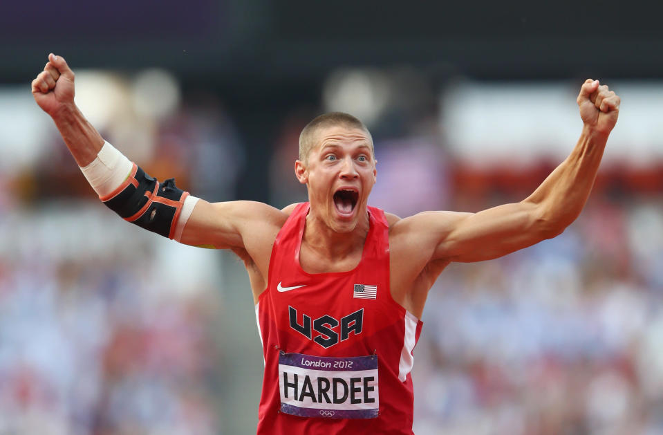 Silver medalist <a href="http://sports.yahoo.com/olympics/track-field/trey-hardee-1133057/" data-ylk="slk:Trey Hardee;elm:context_link;itc:0;sec:content-canvas" class="link ">Trey Hardee</a> of the United States celebrates during the Men's Decathlon Javelin Throw on Day 13 of the London 2012 Olympic Games at Olympic Stadium on August 9, 2012 in London, England. (Getty Images)