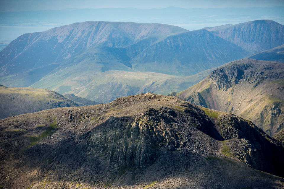 CUMBRIA, UNITED KINGDOM. JULY 2017. Aerial photograph of the summit​ of Scafell Pike, the highest mountain in England, part of the Lake District National Park, on July 12th 2017. (Photograph by David Goddard/Getty Images)