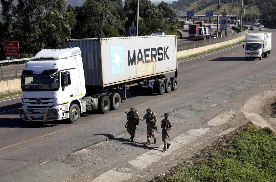 South African Defence Force (SANDF) patrol at a toll station in Durban, South Africa, Friday July 14, 2023. South Africa deployed the army in four of its provinces after at least 21 trucks carrying goods were set on fire in various parts of the country in the span of five days. The move came amid concerns of more violent unrest over a court decision that could send former president Jacob Zuma back to jail, although authorities denied the two issues are connected. (AP Photo)