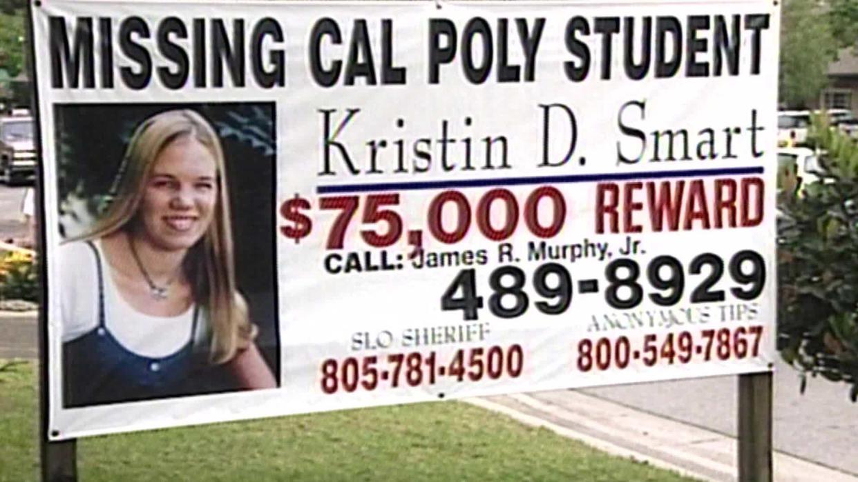 Mary Lassiter says the earring she found in the driveway matched the necklace Kristin Smart is seen wearing on this billboard. / Credit: CBS News