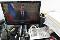 Russian Foreign Minister Sergey Lavrov is seen on a computer monitor at United Nations headquarters as he speaks during a virtual high-level meeting of the Security Council meeting on safeguarding international peace and security and global governance in the post-COVID-19 era, happening during the 75th session of the United Nations General Assembly, Thursday, Sept. 24, 2020. (AP Photo/Mary Altaffer)