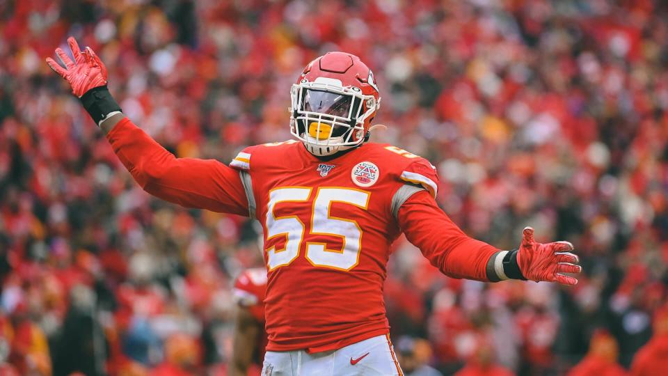 Kansas City Chiefs defensive end Frank Clark (55) tries to fire up the home crowd against the Los Angeles Chargers during the second half of an NFL football game in Kansas City, MoChargers Chiefs Football, Kansas City, USA - 29 Dec 2019.