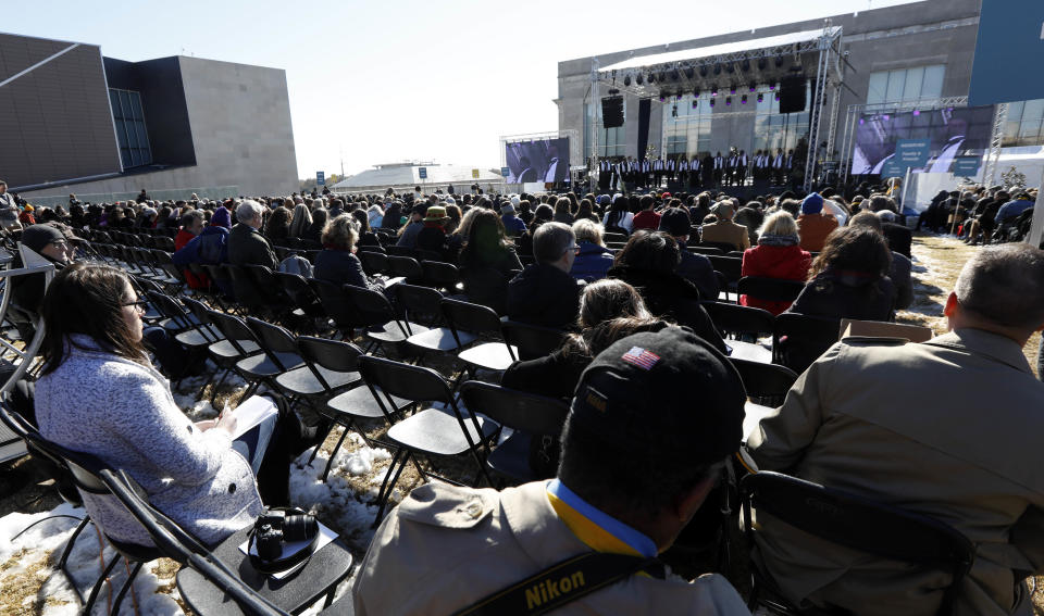 <p>A previous day’s snow and a cold morning keep the crowd attending during the grand opening ceremony for the two museums, the Museum of Mississippi History and the Mississippi Civil Rights Museum, smaller than expected, Saturday, Dec. 9, 2017, in Jackson, Miss. (Photo: Rogelio V. Solis/AP) </p>